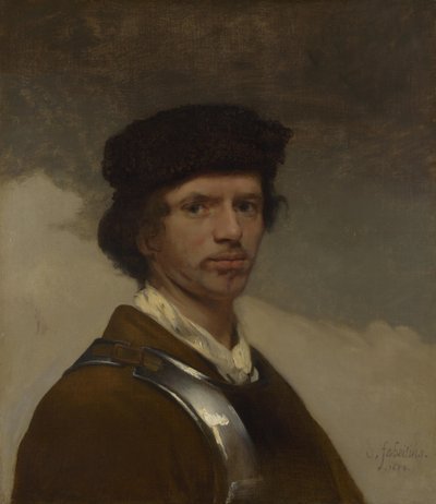 Ein junger Mann in einer Pelzmütze und einem Kürass (wahrscheinlich ein Selbstporträt) von Carel Fabritius